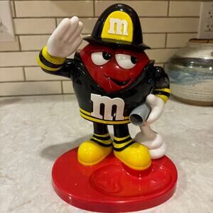 M&Ms World FIREMAN Candy Dispenser Round Plain Red M&M Character RARE Vintage